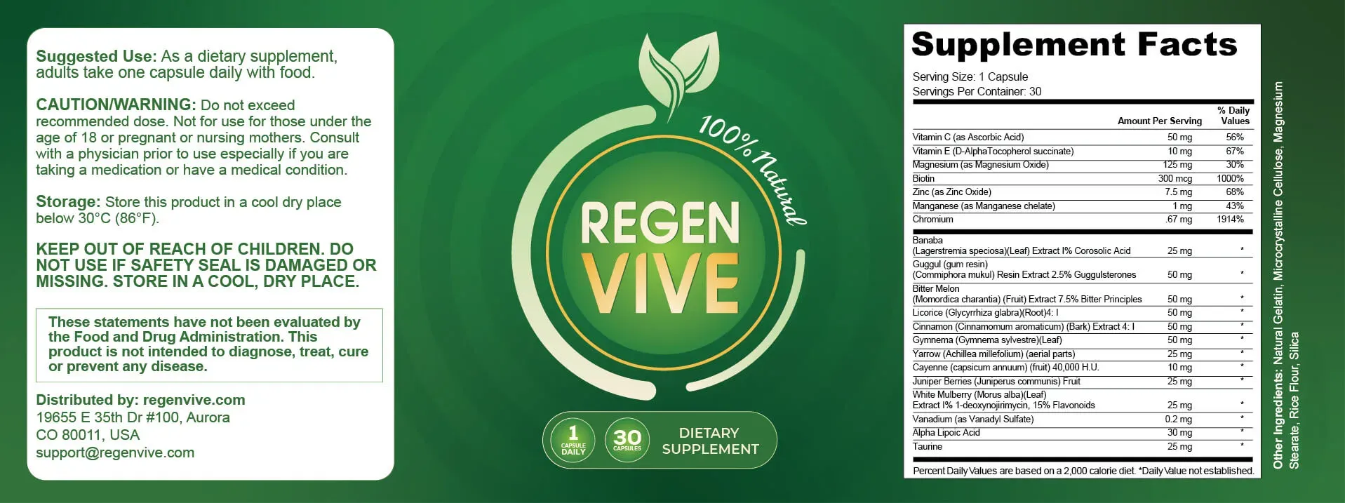 RegenVive Supplement Facts Label